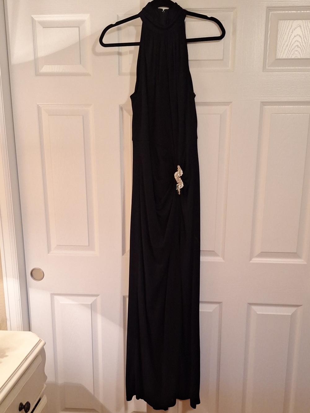 Tadashi Shoji Black Halter Evening Gown with Rhinestone Accent